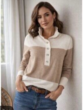 Eddie Bauer L Cream-tan cowl neck 1/2 button modern chic cotton blend swester